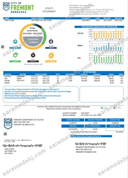 USA City of Fremont Nebraska utility bill Word and PDF template